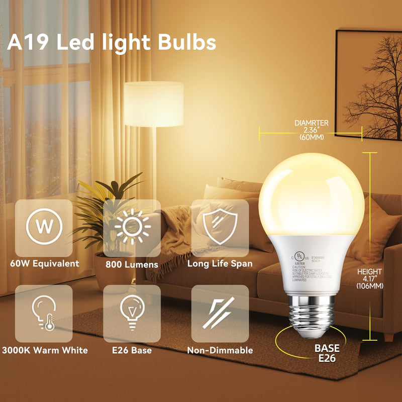 TJOY 24 Pack A19 LED Light Bulbs Warm White 3000K, 60 Watt Equivalent, Efficient 9W, E26 Standard Base, Non Dimmable Energy Saving Warm Light Lamp Bulb, 800LM, 120V, for Home, Bedroom, Living Room 3000k Warm White