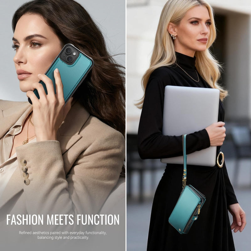 for iPhone 14 - Phone Case Wallet Magnetic Detachable, Turquoise | Compatible with Magsafe, RFID Blocking Card Holder, Zipper Pocket, Wristlet, Durable PU Leather, Magnet Flip, for Women Men