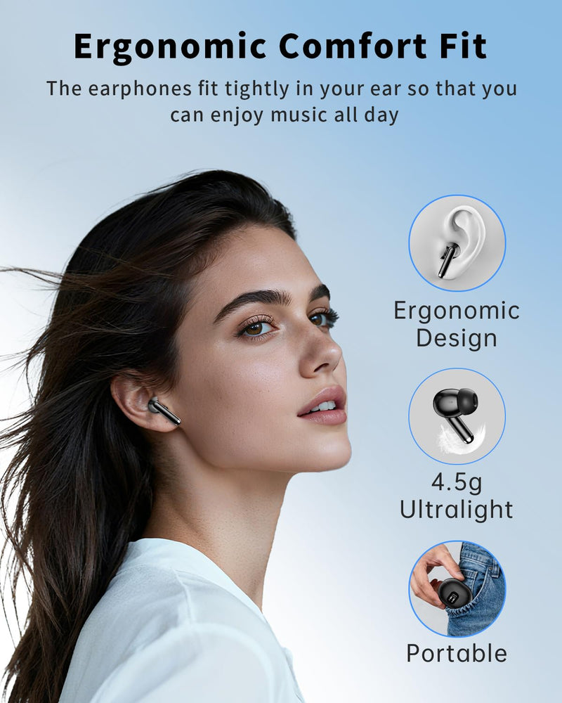 Wireless Earbuds, Bluetooth 5.4 Ear Buds Bass Stereo, Headphones with Noise Cancelling Mic, LED Display in Ear Earphones Clear Calls, IP7 Waterproof Bluetooth Earbuds for Phone/Android/iPad, Black Deep Black