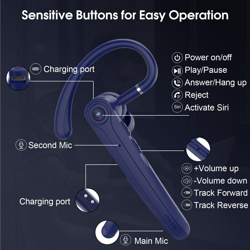 Atheewon Bluetooth Headset, Wireless Bluetooth Earpiece, Blue | ENC Noise Canceling Mic, 120Hrs Talk, LED Display, IPX7, V5.4 Hand-Free Earphone for Business/Trucker/Driver