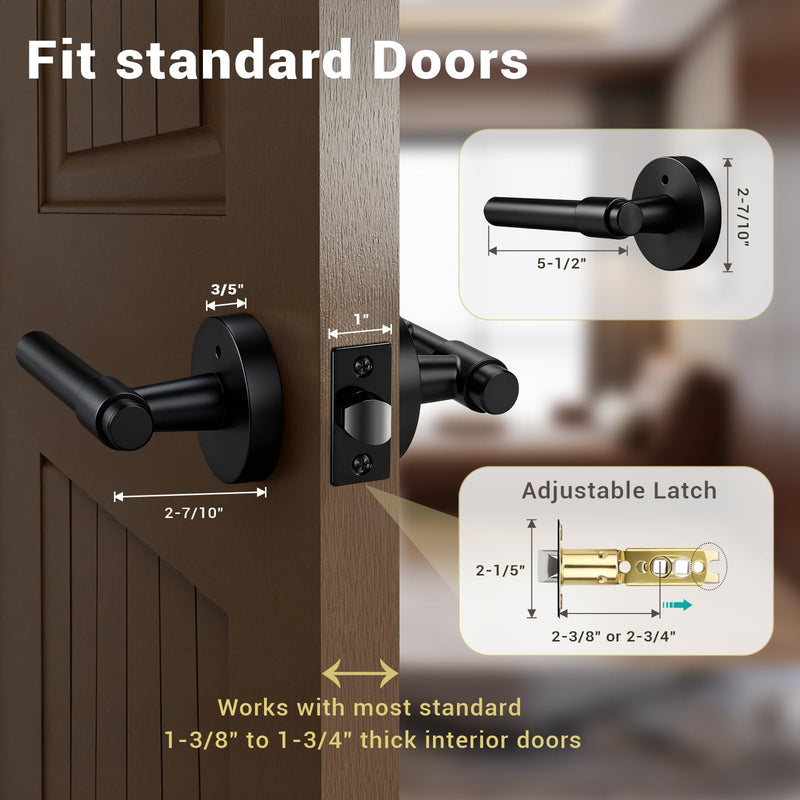 KNOBWELL 1 Pack Black Door Handles for Bedroom Bathroom, Heavy Duty Matte Black Door Knob with Interior Push Button Lock, Unversible Right/Left Handed Levers, Silent Privacy Handle Privacy Lock-1 Pack