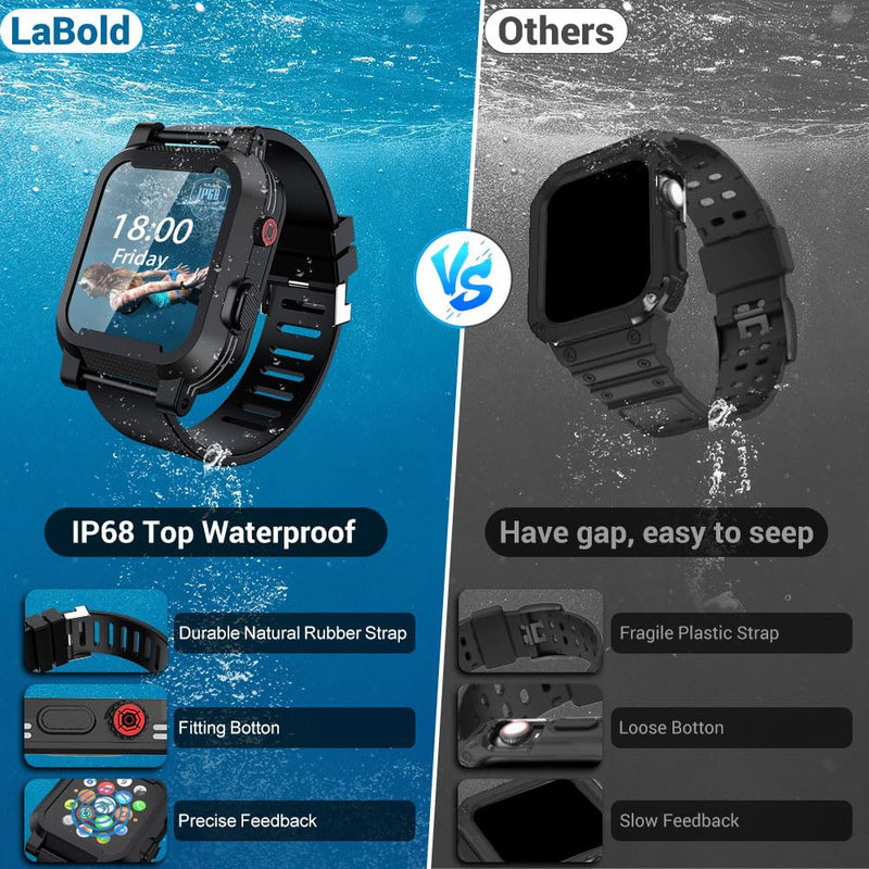 for Apple Watch Waterproof Case 38mm 42mm 40mm 44mm 41mm 45mm, IP68 Waterproof Case for iWatch Series 8 7 6 5 4 3 2 SE SE2, 360° Water proof Shockproof Smartwatch Bumper with Band,Black 38mm waterproof case