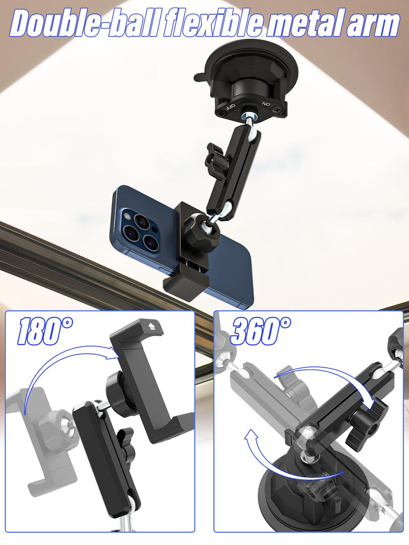 Suction Cup Car Phone Holder, Metal Phone Mount for Car Windshield | Aluminum Alloy, 360°Adjusting Arm, Heat Resistant Cellphone Holder for iPhone17 16 15 Pro Max, Galaxy S26 & 4-7" All Phones