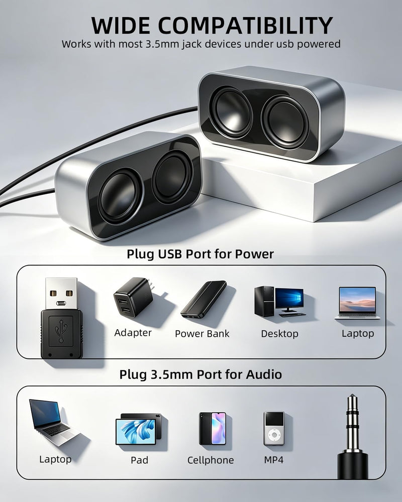 GELRHONR Computer Speakers for Desktop PC, 2×3W Small Stereo Speakers,USB Powered with 3.5mm Aux and Volume Control,Plug and Play for Laptop,Tablet 1.2M,Grey