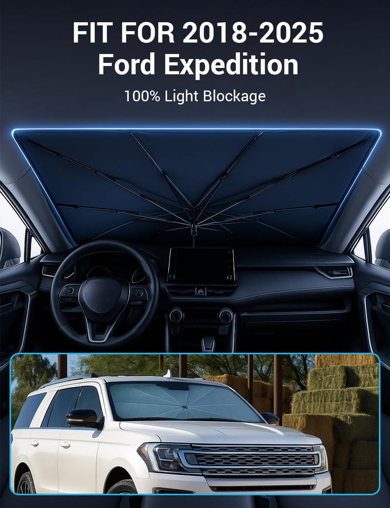 Proadsy Windshield Sun Shade Umbrella for Ford Expedition 2018-2025 Foldable Car Umbrella Sunshade with Soft TPU Handle Spring Structure Crystal Cooling Material Protect Car from Rays & Heat