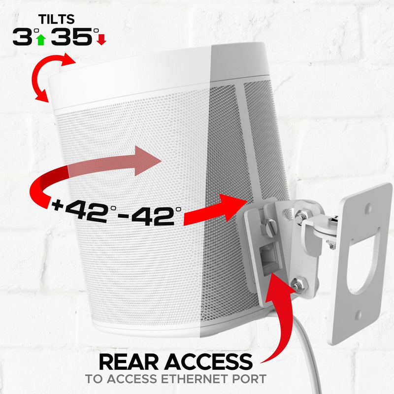 Sound Bass Play 1 Wall Mount, White, Pair, Compatible with Sonos Play:1 Only, Twin Pack, Adjustable Swivel & Tilt Mechanism, 2 Mounting Brackets Includes All Fixings