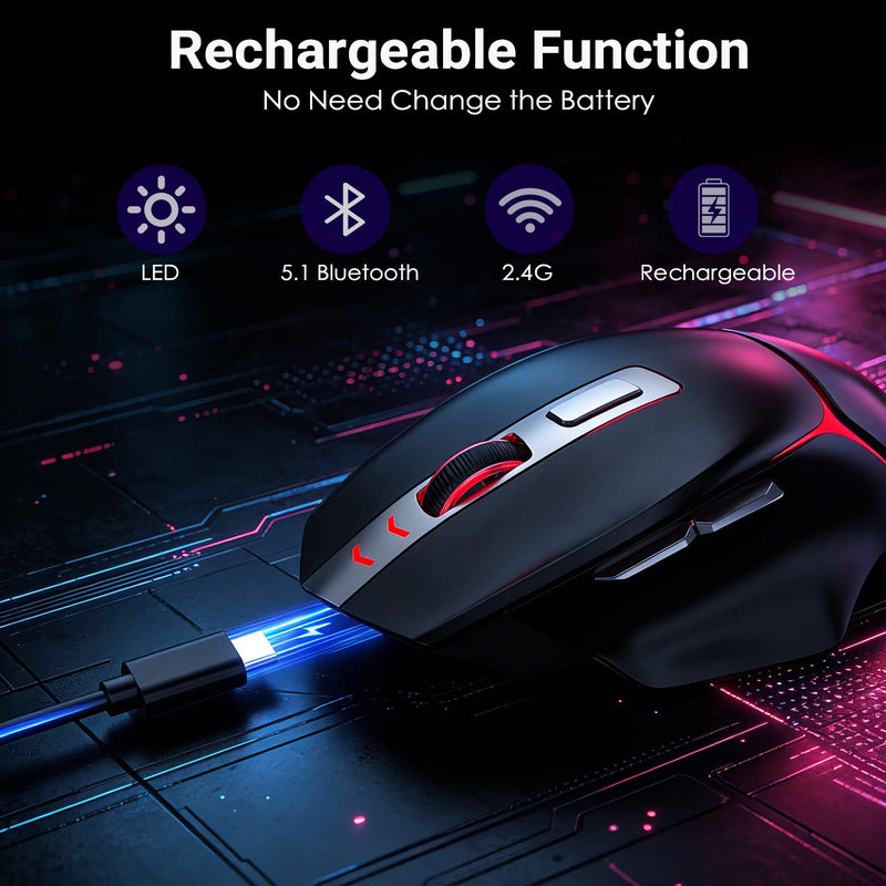 GAMCATZ Bluetooth Wireless Gaming Mouse,12500 DPI RGB Ergonomic Mouse with Tri-Mode (2.4G/USB-C/Wired), Rechargeable Gamer Mice for Computer, Mac, iPad, Laptop & PC (Black) Black