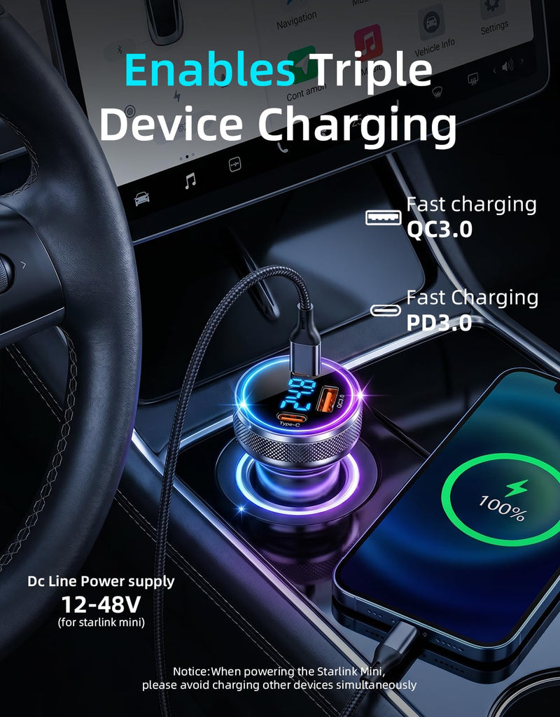 4-in-1 Starlink Mini Car Adapter, 10FT Starlink Mini Power Cable | 12V-24V cigarette lighter adapter with voltage display, dual 45W USB-C PD and 35W USB-A ports for cars, trucks and RVs Black