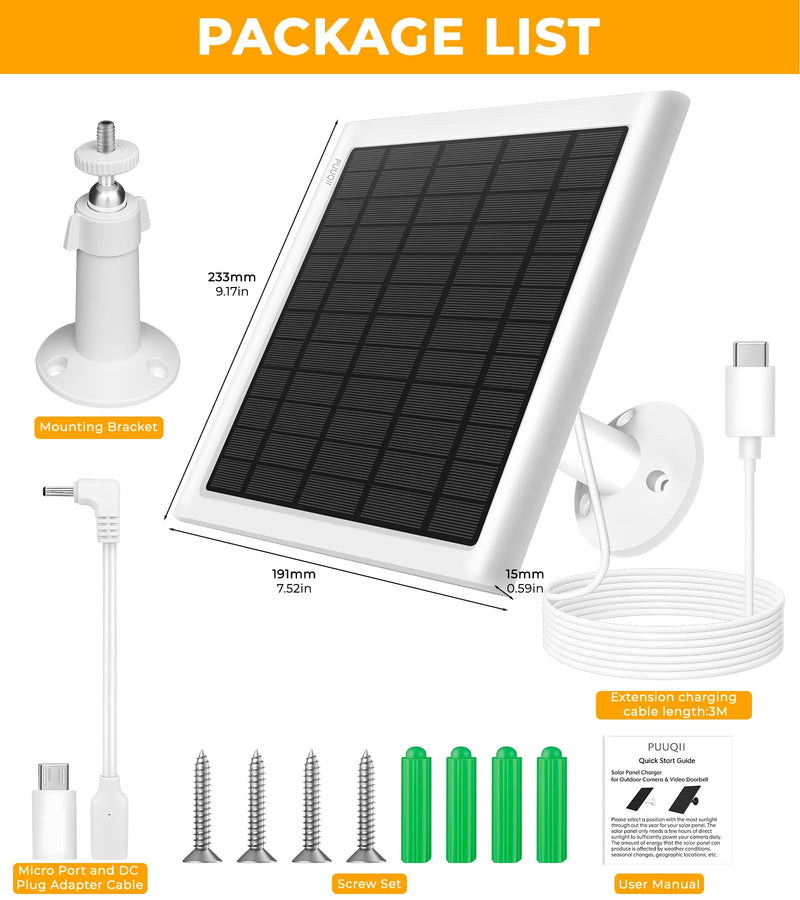 8W Solar Panel for Ring Camera, Solar Panel Charger Compatible with Ring Stick Up Cam/Pro Battery, Spotlight Cam/Pro/Plus Battery, Includes Barrel Plug to USB-C Adapter, IP65 Waterproof, 10ft Cable 1 White