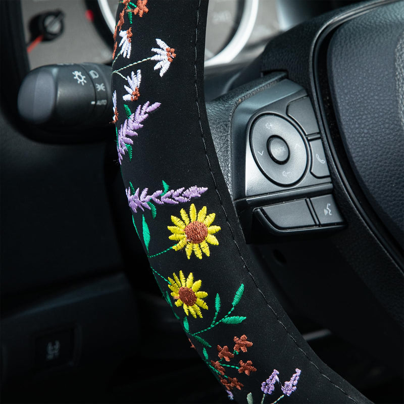  [AUSTRALIA] - Embroidered Sunflower Lavender Cute Black Steering Wheel Cover, Auto Anti-Slip Breathable Steering Wheel Protector, Butterfly Floral Car Accessories for Women,Universal Size Fit Most Cars -15 inch