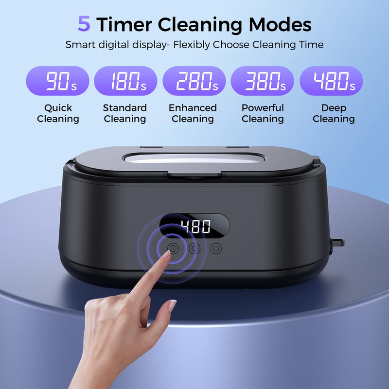 Ultrasonic Jewelry Cleaner, 50KHz Ultrasonic Cleaner Machine, Dual Modes & LED Display, 5 Cleaning Modes, 24W Sonic Cleaner for Jewelry, Eyeglasses, Watches, Rings, Watch Strap,Dentures Black