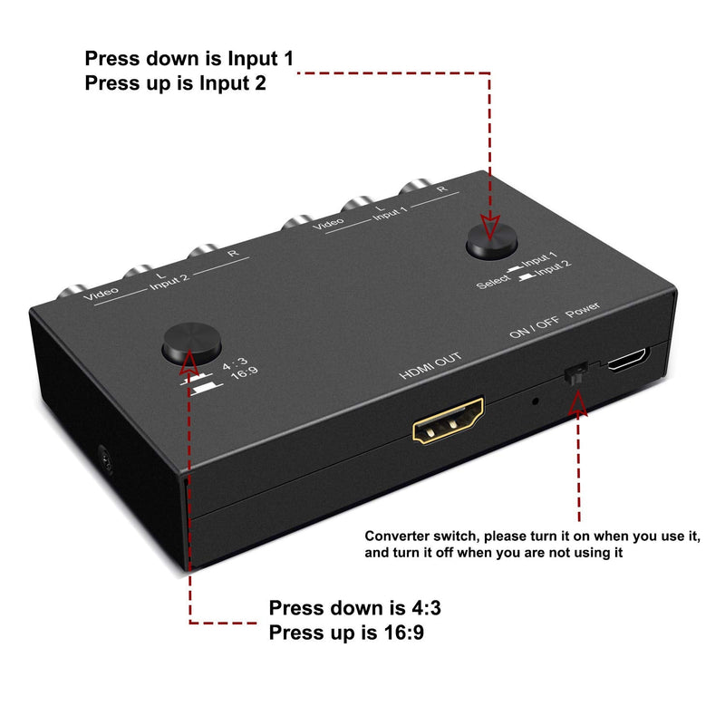 2 RCA to HDMI, 1080P 2 Way RCA Composite CVBS AV Switch to HDMI Video Audio Converter Adapter Supporting 4:3/16:9, for PC Laptop Xbox PS2 PS3 N64 NGC SNES WII VHS VCR Camera DVD 2 Way RCA Converter