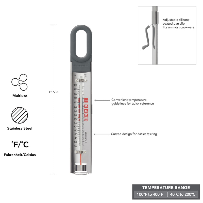 KitchenAid Curved Stainless Steel Paddle Style Candy and Deep Fry Thermometer with Pan Clip, TEMPERATURE RANGE 100F to 400F Charcoal Gray Adjustable silicone coated clip fits most cookware