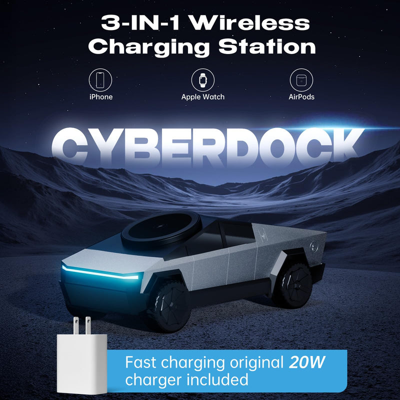 CyberDock 3-In-1 Wireless Charging Station for iPhone with Car Model Design 1:25 Scale, Qi Certified Mag-Safe Charger for iPhone iWatch AirPod, Rotating Charger with Ambient Light, 20W Adapter, Sliver