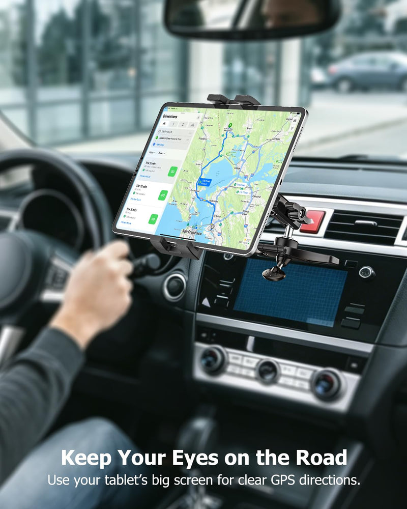 CD Slot Tablet Holder for Car - Metal Extension Arm, for 4-13" Devices | CD Player Tablet Mount with Adjustable Aluminum Arm, Drivers & Passengers Can Use, Fit for iPad, Galaxy Tab, Kindle, Phone
