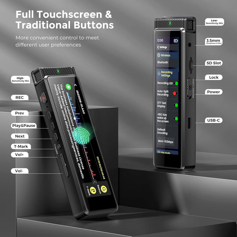 8GB Digital Voice Recorder with Playback, Innioasis R1 Full Touchscreen Voice Recorder with Bluetooth, Voice Activated Sound Audio Recorder Device with Mic Black 8GB
