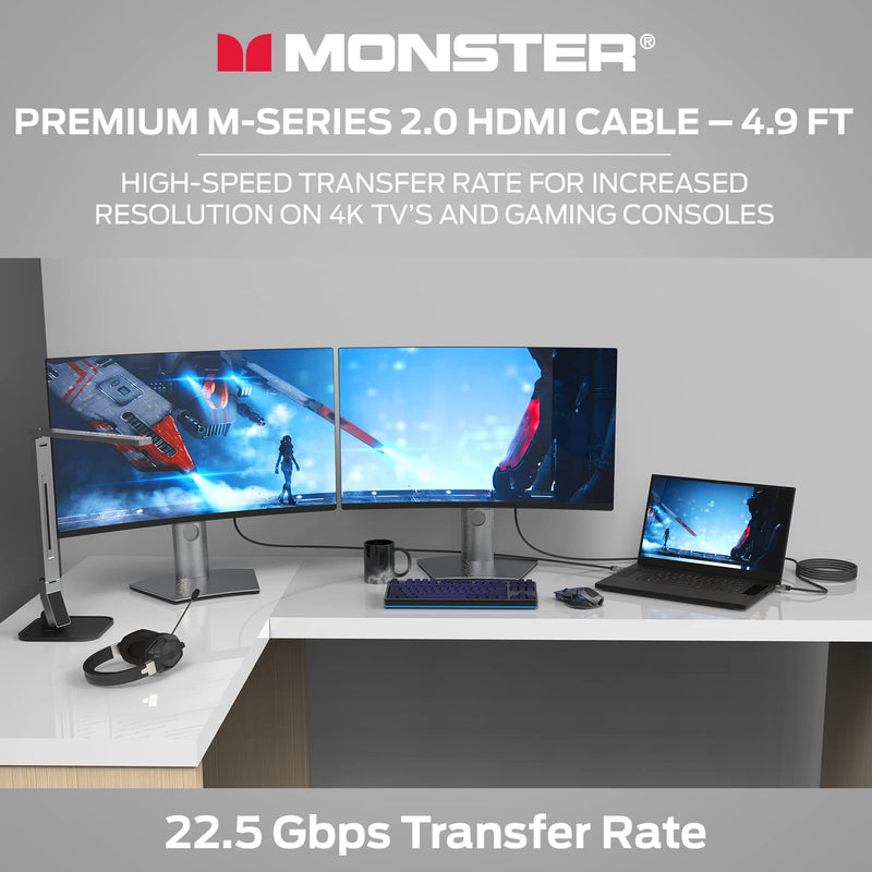 Monster M-Series Certified Premium HDMI Cable 2.0, High-Speed 22.5 Gbps, 4K UHD 60Hz, Triple-Layer Shielding, Duraflex Jacket, HDMI Cable for TV, Monitor, Gaming, PC, 4.9 ft