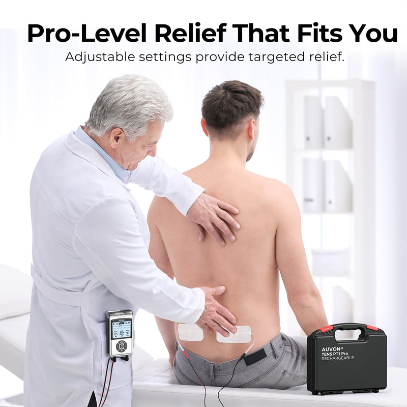 AUVON Rechargeable Digital TENS Unit Muscle Stimulator with 600 mAh Battery, TENS Machine with 8 Customizable Modes, Electric Massager for Shoulder, Back Pain Relief, 6 TENS Pads, A Carry Case A Silver