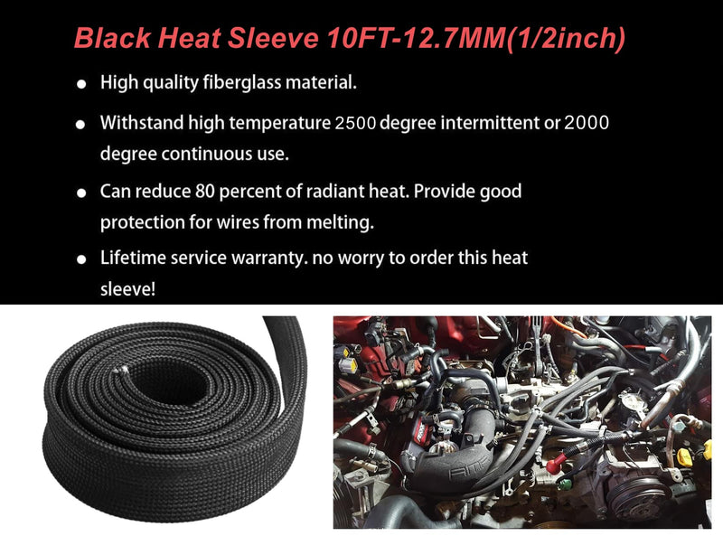 Heat Shield Sleeve Fuel Line Heat Shield Auto Hose Spark Plug Wire Cover Protectors Boots Roll 2500 Degree for Car&Auto Wire Loom Brake Cable (1/2" IDX10', BLACK) 1/2" IDX10'