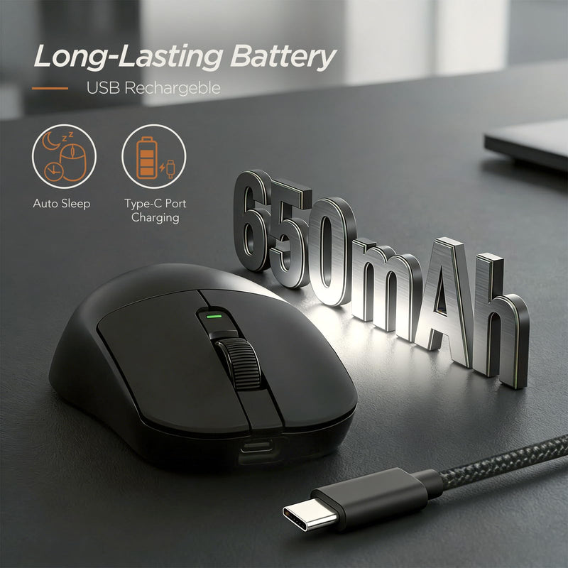 RK ROYAL KLUDGE MO3 Wireless Gaming Mouse, 48g Lightweight PC Mice, Black | Bluetooth/2.4G/Wired Rechargeable Computer Mouse, 5 Programmable Buttons, Gaming Sensor, 6000 DPI, Online Software on Win/Mac