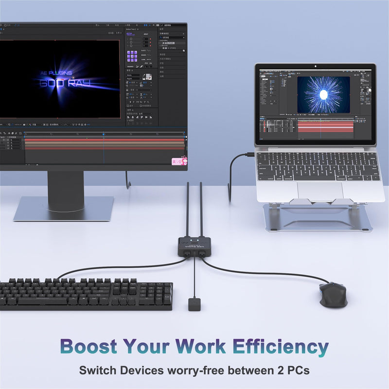 USB Switch 2 in 2 Out, USB Switcher 2 Computers Sharing Keyboard and Mouse | 2 USB 2.0 cables, External controller, Printer Splitter for 2 Computers