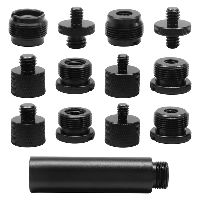 13 Pcs Black 8 Types Mic Stand Adapter Set | with Extension Tube, Thread Converter Screw Adapter，3/8 to 5/8 and 1/4 ，for Mic Boom Arm Camera Tripod Light