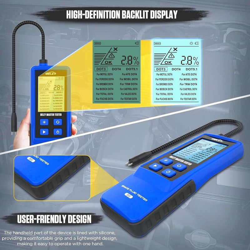 BELEY Brake Fluid Tester Digital Automotive Moisture Boiling Point Detector for DOT3,DOT4,DOT5.1 Brake Fluid with 2.8" Display, Audible Alarm, High-Precision Probe B10 BLUE
