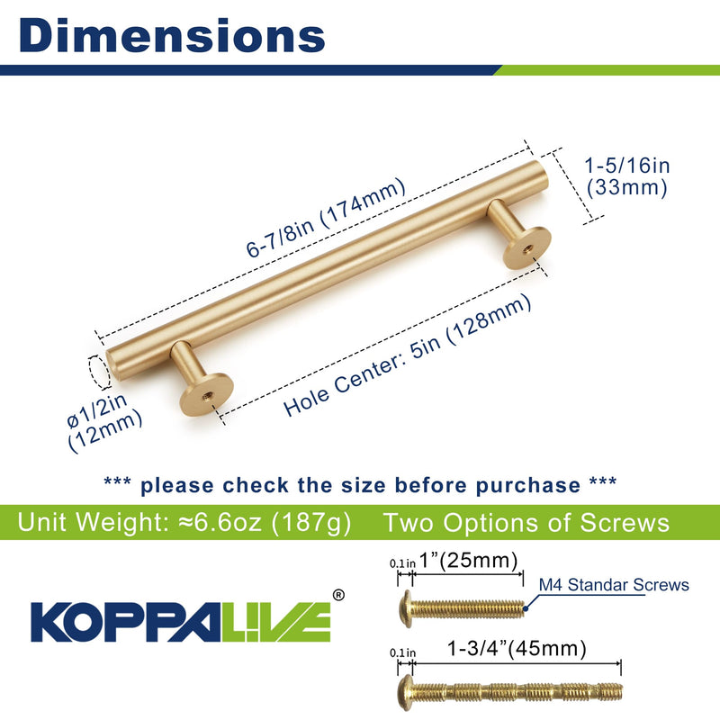 2-Pack Solid Brass Cabinet Pulls, Gold Kitchen Cabinet Handles, Gold Dresser Drawer Pulls, Modern Furniture Hardware, 5 Inch Hole Center, Brushed Finish 2 2-Hole, 5 Inch(128mm) Centers