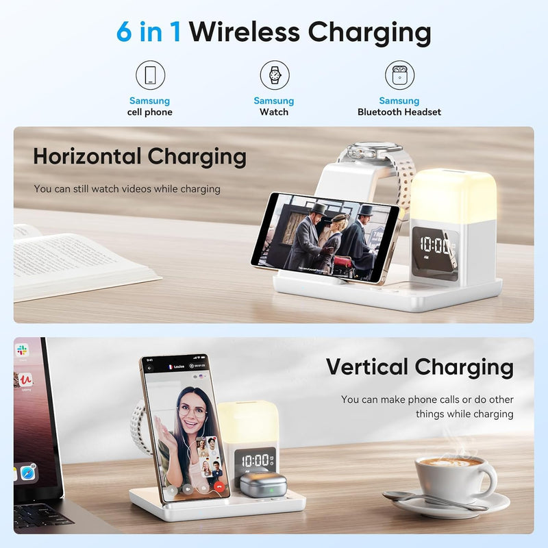 6 in 1 Wireless Charging Station for Samsung Android with Clock & Night Light,Alarm Clocks for Bedrooms,Wireless Charger Beside Clock for Galaxy S26 S25 S24 Ultra Galaxy Watch Buds White