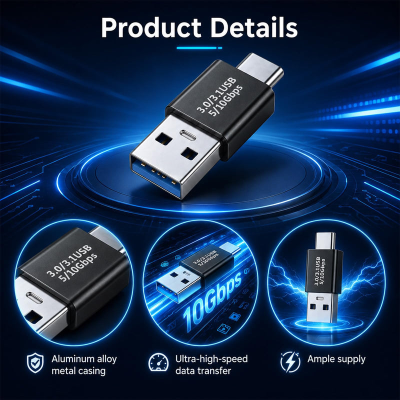 USB 3.1 Male to USB C Male Adapter 5 Pack, OTG USB A to Type-C Adapter 10Gbps Data Transfer Converter, 5V/3A Fast Charging Type C Coupler for Laptop PC Phone Charger Black