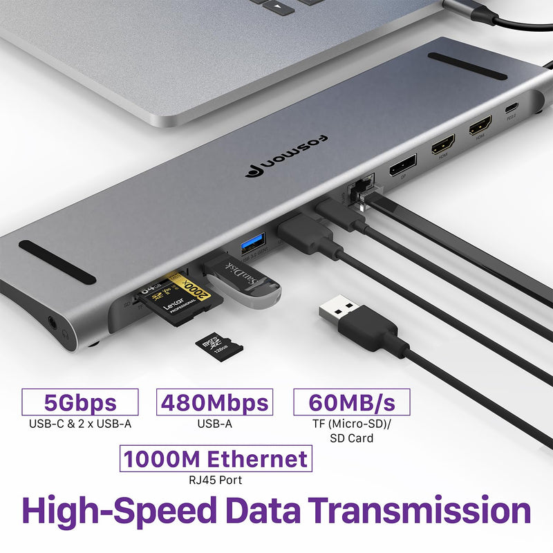 Fosmon USB C Hub (11-in-1) Desktop USB Hub with 2x HDMI (4k@60Hz), DisplayPort (4K@60Hz), x2 USB-C (USB 3.0) x2 USB 3.0, USB 2.0, TF 2.0, RJ45 Ethernet Port compatible with MacBook, Lenovo, HP Laptops