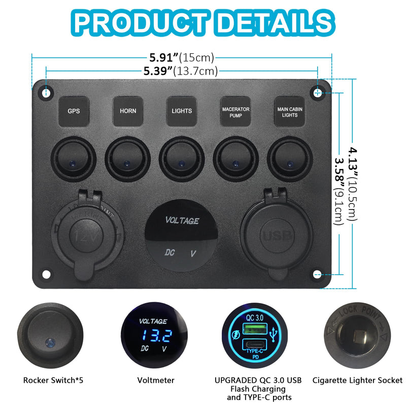 Upgraded 5 Gang Rocker Switch Panel - Type-C/QC 3.0 USB, Digital Volmeter, 12V Outlet, Pre-Wired with Circuit Breakers for RV/Car/Boat/Truck, 2-Year Warranty (Blue) Blue