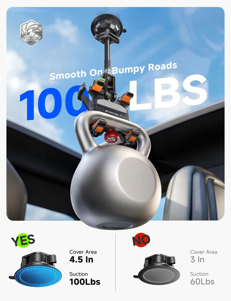 MAGIC JOHN Metal Car Phone Holder 360° Rotation Suction Mount Windshield | All-Metal Build With Enhanced Suction Cup, Adjustable Clamp Arms, Compatible With iPhone Samsung & All Smartphones