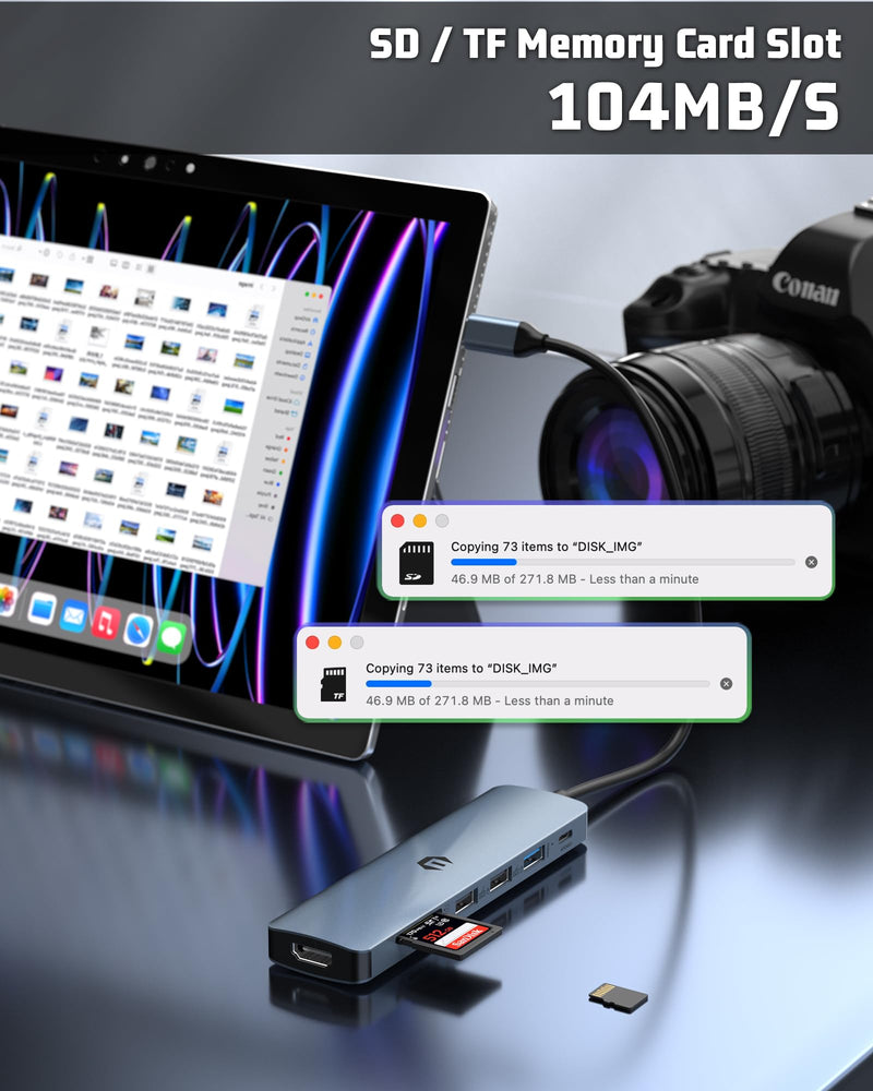 USB C Hub, oditton 7 in 1 USB Adapter Featuring 4K HDMI, 100W PD, USB 3.0 Ports, 2 x USB 2.0 Ports, SD/TF Card Reader Compatible with iMac, Surface, XPS, Thinkpad, Galaxy and More