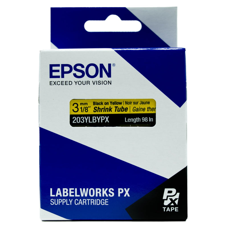 Epson LABELWORKS 203YLBYPX Tape Cartridge - Black on Yellow Shrink Tube Industrial Label Maker Tape - AWG 16-22, 1/8" (3MM) Wide, 8 ft (98") 3MM(16-22AWG)
