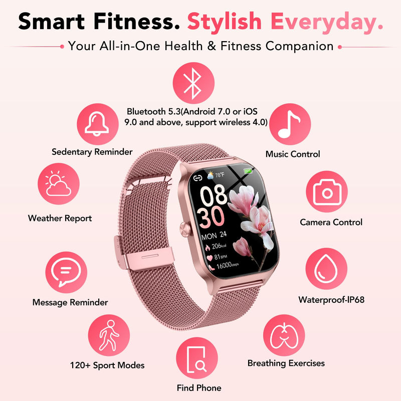 Smart Watch for Women, Answer/Make Call/AI Voice,1.85" HD Smartwatch Compatible for iPhone/Samsung/Android,120+Sport Modes Fitness Tracker with Heart Rate/Sleep Monitor, IP68Waterproof (2 Bands) Rose