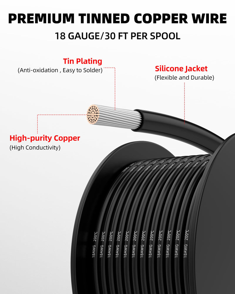 NAOEVO 18 Gauge Wire 180ft, 18 AWG Wire 6 Colors 30ft Each Spool, Flexible Silicone Tinned Copper Electrical Cable, Wiring kit for Breadboard/Automotive/DIY/Battery, 200℃ 18AWG