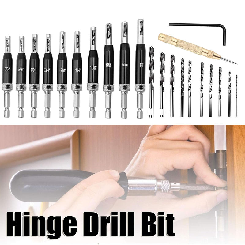 22Pcs Self Centering Drill Bit Set, 1/4" Hex Shank VIX Bit, 5/64-1/4” Quick Change Hinge Center Drill Bits Hex Key for Woodworking Metal Wood Cabinet Window Door 22PC