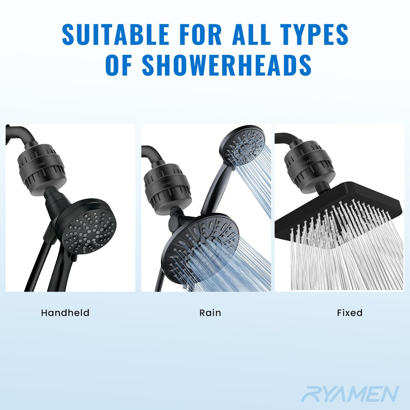 Ryamen Heavy Duty Shower Filter, Shower Water Filter, 99% REMOVAL Shower Head Filter for Hard Water, Heavy Metals, Chlorine (2 Cartridges, Black) 2 Filters