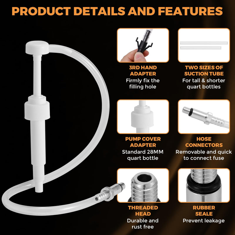 Lower Unit Gear Oil Pump for Standard Quart Bottles for 28mm bottle caps，10CC Per Pump Stroke，gear oil pump for quart bottle 3/8 inch Metal Swivel， 8mm and 10mm， 3rd Hand Adapter and 19 inch hose