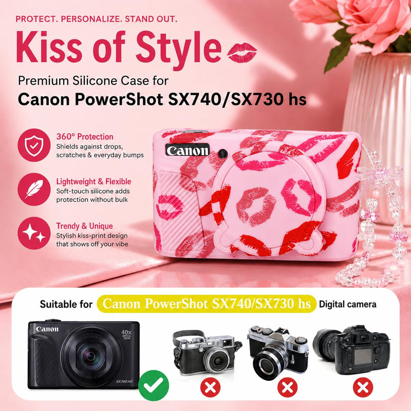 Cute Camera Case for Canon PowerShot SX740 HS/SX730 HS,Silicone Protective Cover with Removable Lens Cap,Wrist Strap & 2 Pack Tempered Glass Screen Protector for Women (Pink Lips) Pink Lips
