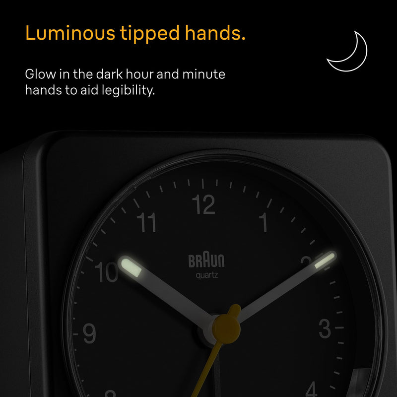 Braun Classic Analogue Alarm Clock with Snooze and Light, Quiet Quartz Sweeping Movement, Crescendo Beep Alarm in Black, Model BC03B.