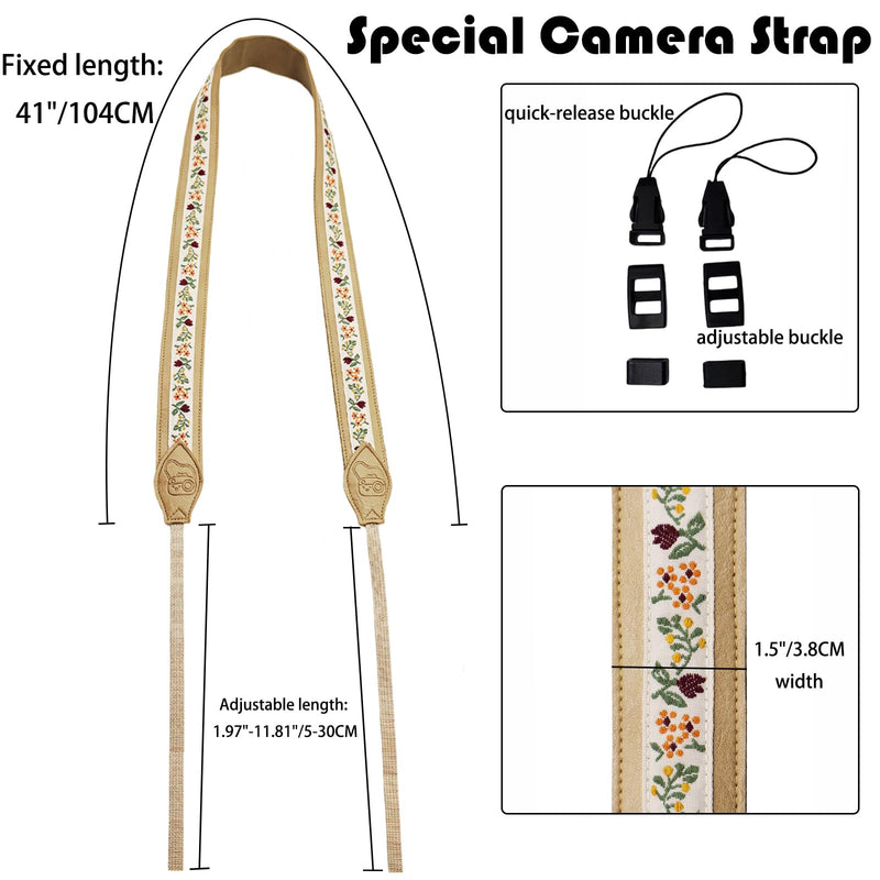 Retro Embroidery Camera Strap - Leather Camera Neck Strap for Canon,Nikon, Adjustable Shoulder Straps for All Cameras Khaki Embroidery Camera Strap-05
