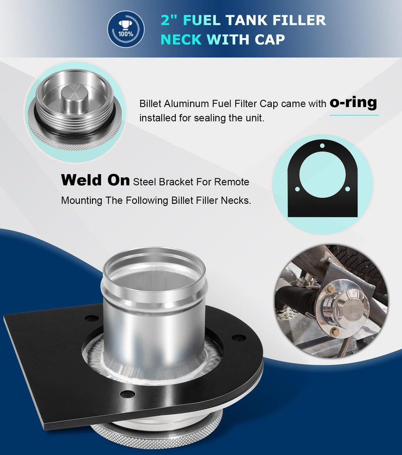 Camoo 17-2530 Remote Fuel Tank Filler Neck With Billet Aluminum Gas Cap & Weld-On Steel Mount Bracket For 2"" Hose Connection, Straight