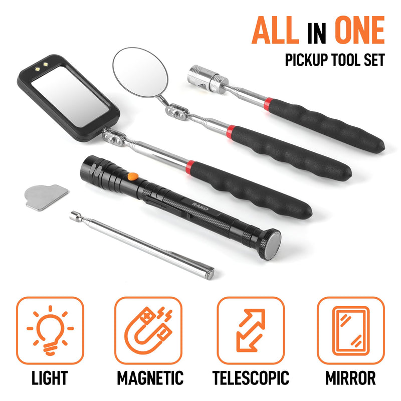 RAK Magnetic Pickup Tool Set Gifts for Men - 5Pcs with 360 Swivel Inspection Mirrors, Telescoping Magnet Pickup Tool, Flexible LED Flashlight, Mechanic Tools & Cool Gadgets for Men, Dad, Husband 5 Pcs Magnetic Pickup Tool Set