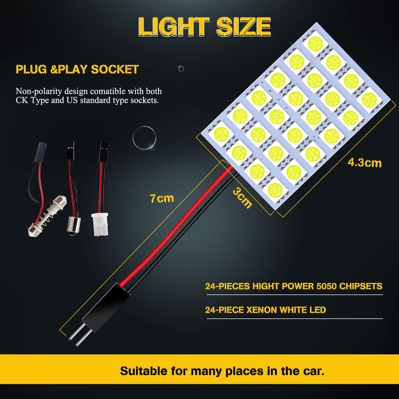 YM E-Bright 5-Pack White 5050 24SMD Led Panel Dome Light Lamp Auto Car Reading Interior Lamp DC 12V With T10 / BA9S / Festoon Adapters 24SMD-White
