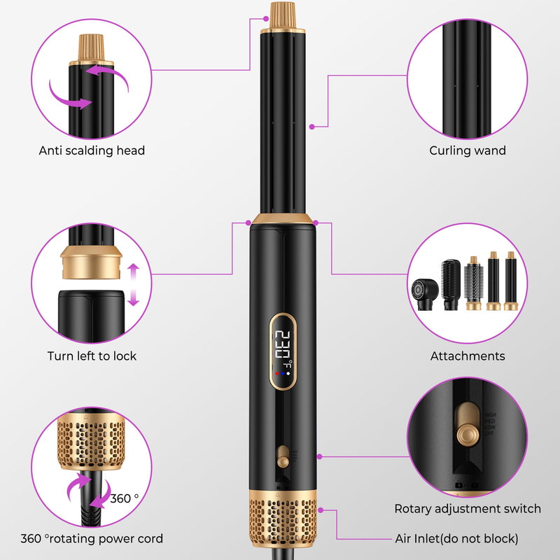 UMIGA Hairstyler 5 in 1 Hair Dryer Brush 1000W, LCD Air Brush Round Brush Hair Dryer, Curling Iron and Hair Straightener, 3 Temperature Settings for Volume, Straightening, Curling and Blowout Styling Black