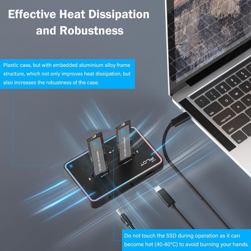 M.2 Duplicator Cloner Dual-Bay Offline USB C to NVME SATA Docking Station, M.2 Reader 20Gbps for Both (M Key, B+M Key) PCIE NGFF Dock, Size 22110 2280 2260 2242 2230 Enclosure - NN/SS RGB M.2 Duplicator Cloner Pilot NN/SS RGB [Plastic]