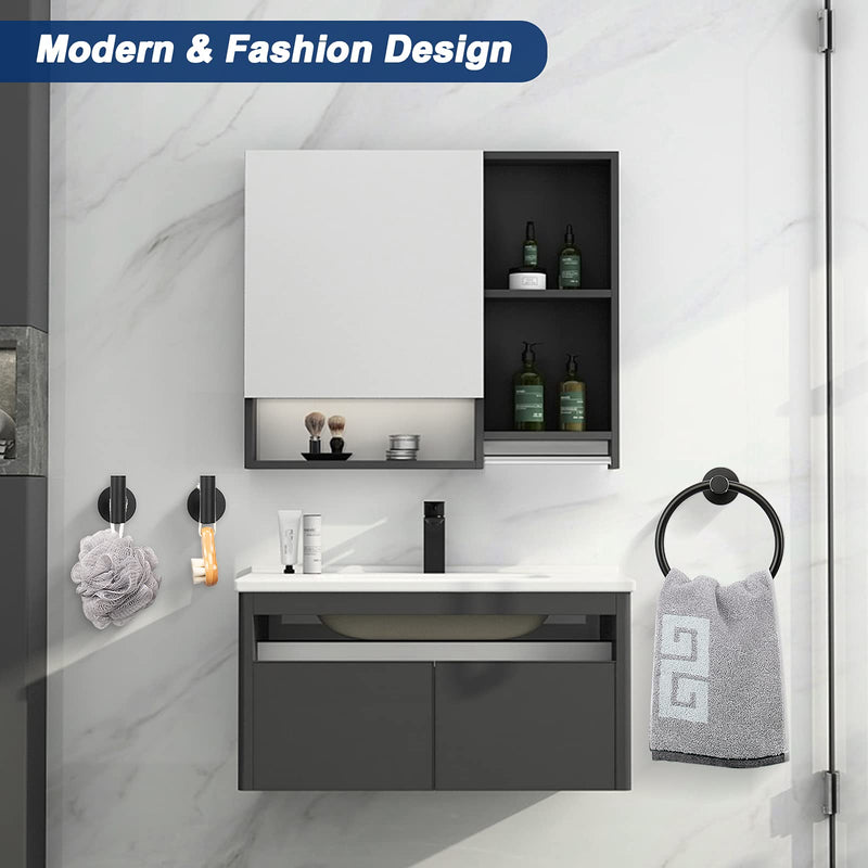 NearMoon 3 Pieces Bathroom Hardware Set, Bath Towel Ring and 2 Towel Hooks- Stainless Steel Hand Towel Hanger and Robe Hooks Accessories, Wall Mounted (Matte Black) Matte Black