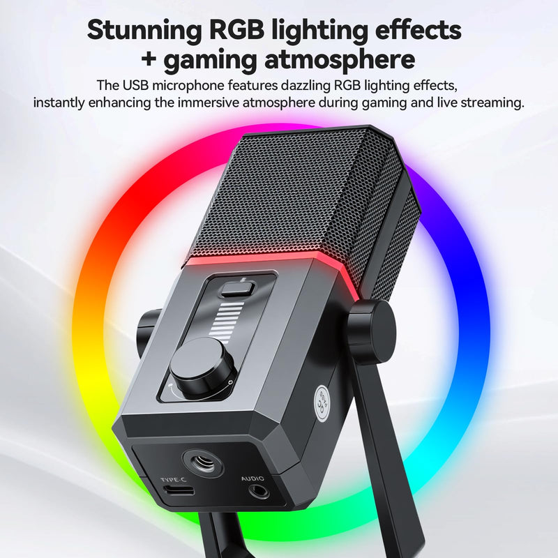 ELUTENG USB Gaming Microphone RGB Lighting Noise Cancelling | PC Streaming, 5ft USB to USB-C Cable, Desktop Mic, Podcasting, Singing, Recording, Meeting